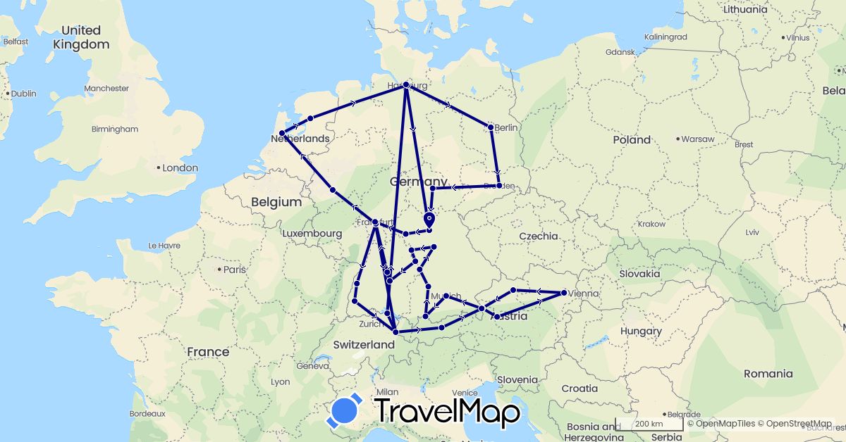 TravelMap itinerary: driving in Austria, Germany, Liechtenstein, Netherlands (Europe)